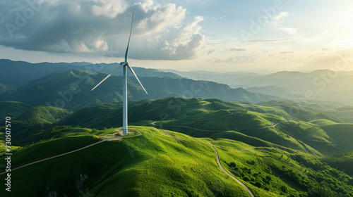 a wind turbine farm atop rolling hills generating electricity Global Warming solution