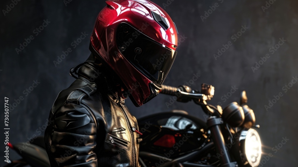 Naklejka premium Rider Rebel A tough and fearless biker in a sleek, black leather jacket, with a fierce red motorcycle helmet and a shining black motorcycle in the background.