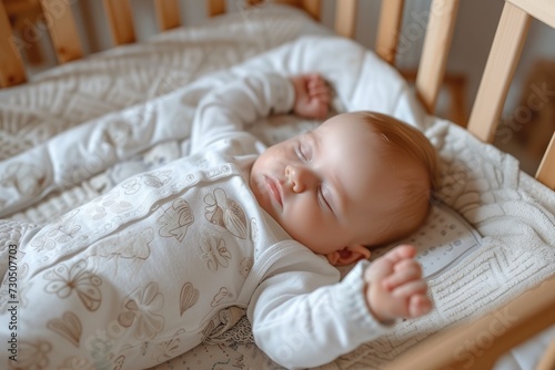 Baby safely sleeps in wooden crib with terry sheet elastic band