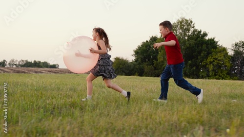 girl boy child running into sunset with ball hands, children running lawn, happy family dream, filled with laughter joy children, girl, take skies, child kid enjoy simple joys childhood, son, small