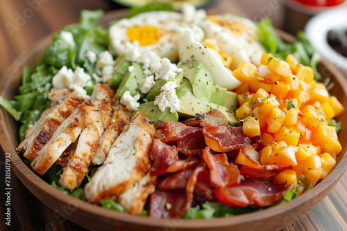Cobb salad with grilled chicken, avocado and boiled eggs