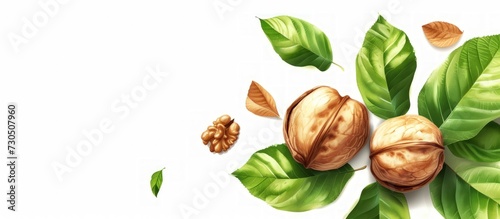 Delicious fresh ripe walnut seeds with green leaves isolated on white background. AI generated image