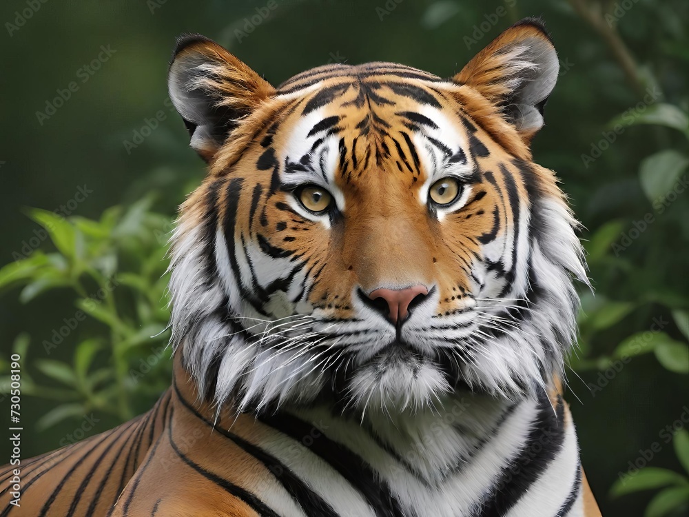 Fototapeta premium Close up of a tiger, showcasing its intense gaze and beautiful stripes, set against a backdrop of lush green foliage. Generative AI.