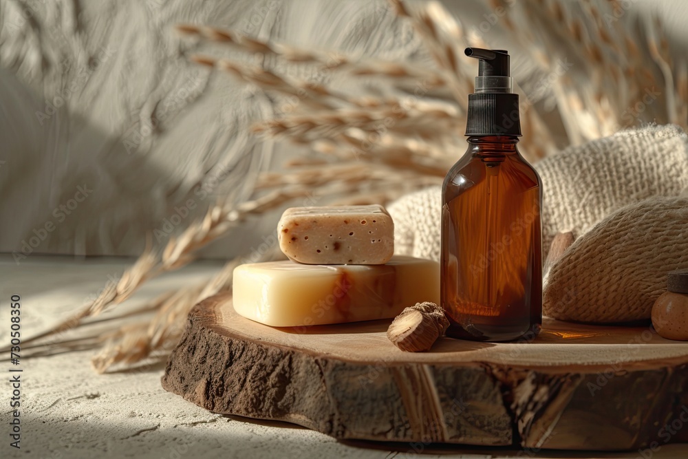 Front view of a wooden tray holding an amber bottle facial cosmetics natural soap bars against a beige concrete background with a streak of dayligh