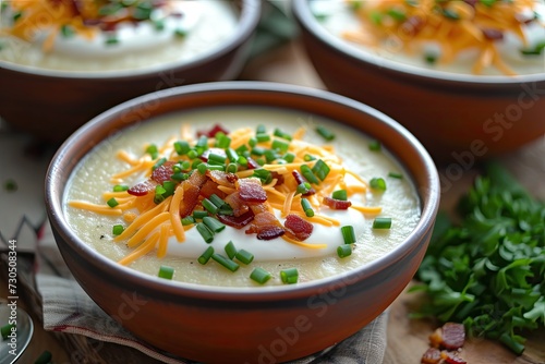 Creamy potato soup topped with sour cream cheddar cheese bacon and chives photo