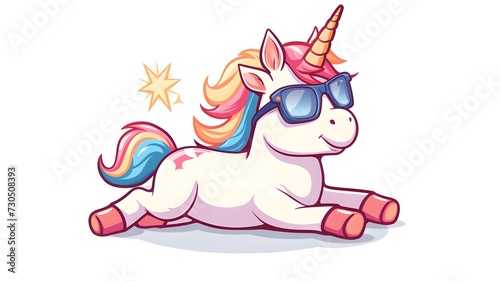 Cute unicorn relaxing wearing glasses cartoon vector icon illustration. animal holiday icon concept isolated premium on white background --ar 16:9 --v 6