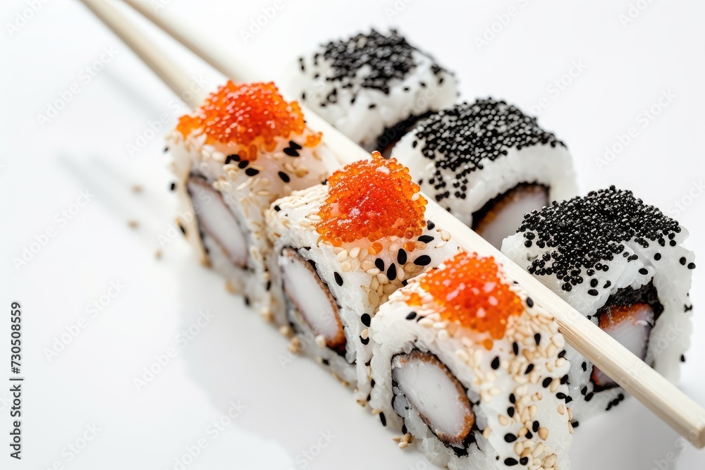 Luxurious sushi rolls with red and black caviar European cuisine six pieces on white background ceramic chopsticks close up with copy space black sesame seeds Luxurious sushi rolls with red and black caviar European cuisine six pieces on white background ceramic chopsticks close up with copy space black sesame seeds