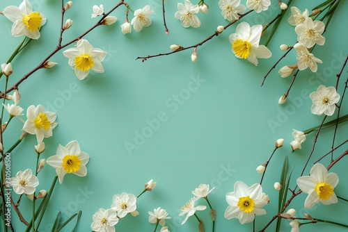 Top view of daffodils and willow in a spring flat lay on pastel green background © The Big L