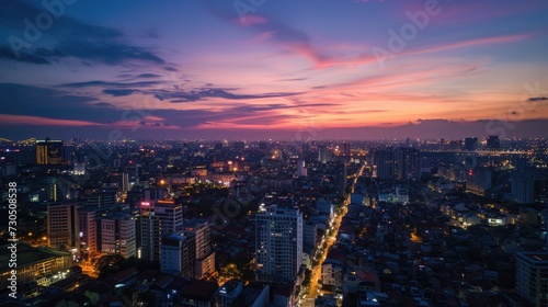 Aerial view of city with buildings at sunset with night lights