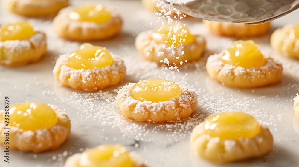 Homemade lemon curd cookies being sprinkled with sugar. Close-up of lemon curd cookies in a chic bakery. Juicy and appetizing cookies. Homemade lemon curd cookies being sprinkled with sugar. Close-up of lemon curd cookies in a chic bakery. Juicy and appetizing cookies.