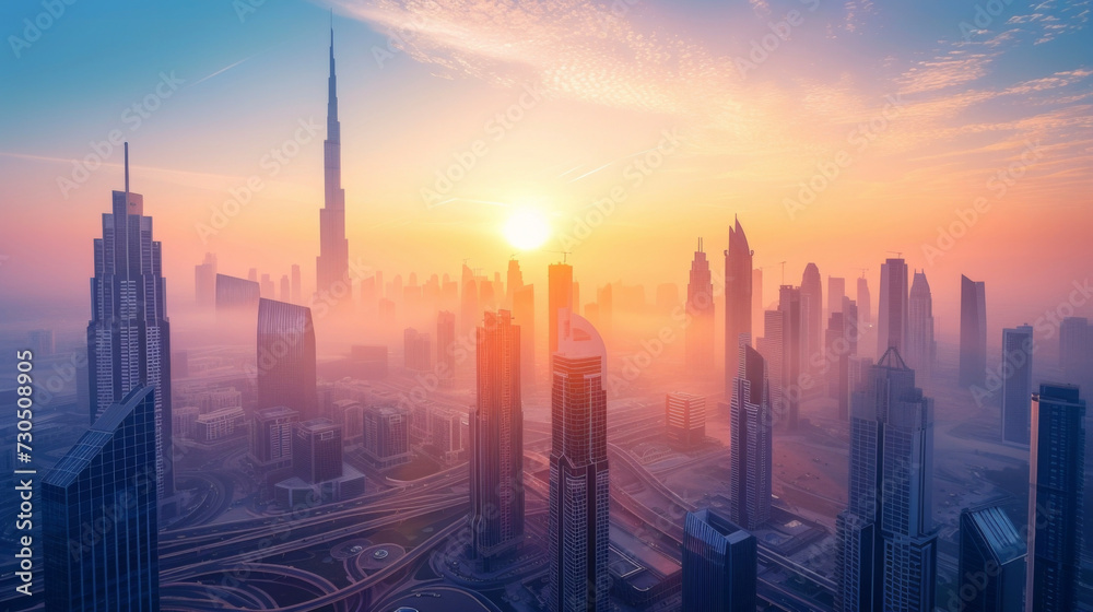 A breathtaking view of the citys skysers against the pastel hues of a sunrise.