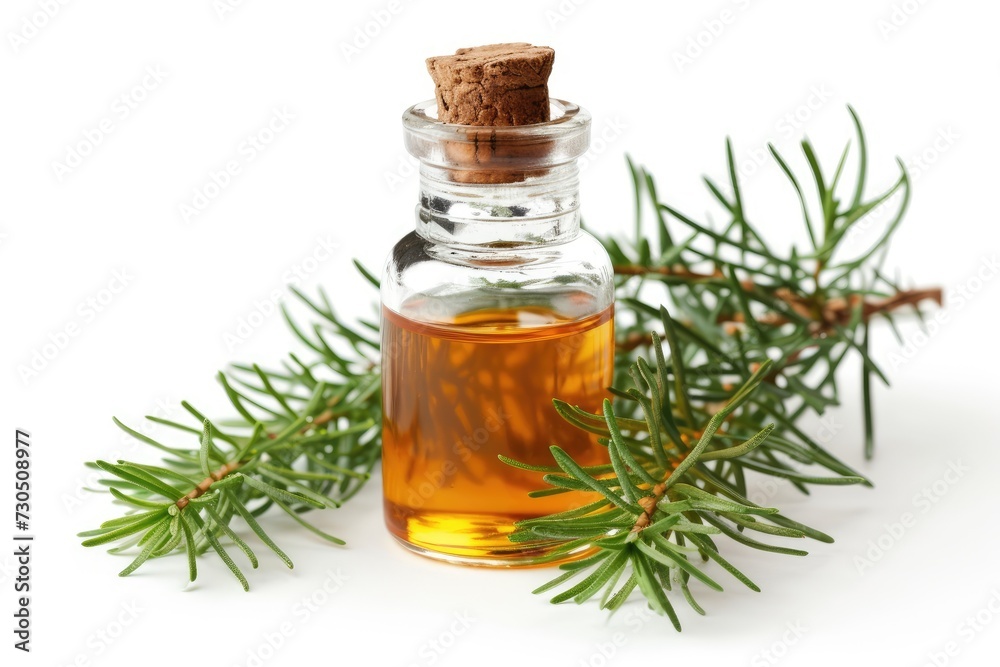 Melaleuca Essential Oil on White Background with Tea Tree Brunch in Glass Container Melaleuca Essential Oil on White Background with Tea Tree Brunch in Glass Container