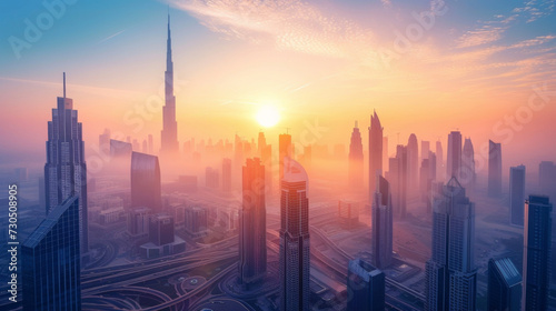 A breathtaking view of the citys skysers against the pastel hues of a sunrise.