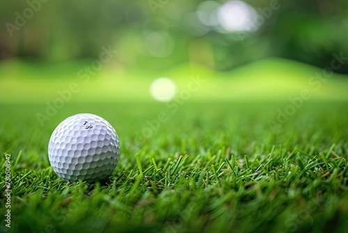 Golf club on green grass field with close up ball