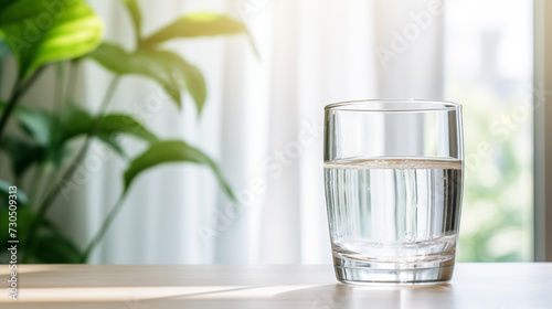 Close up of  glass with water on wooden table, start new day with healthy life habit in living room at home morning, Lifestyle healthcare concept