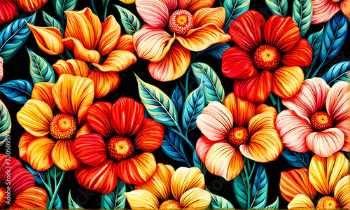 illustration of red, orange flowers and leaves. tropical, vibrant style. art for prints. painting style.