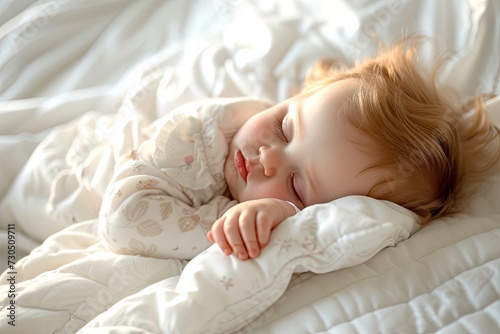 White bed with sleeping American baby girl