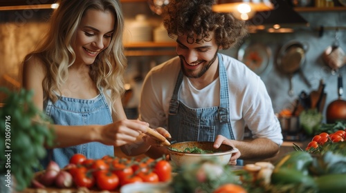 Young couple smiling cooking healthy lunch in kitchen.