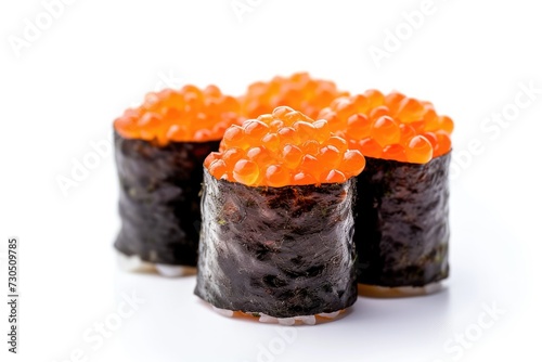 Salmon caviar roll sushi with roe Japanese dish on white background isolated