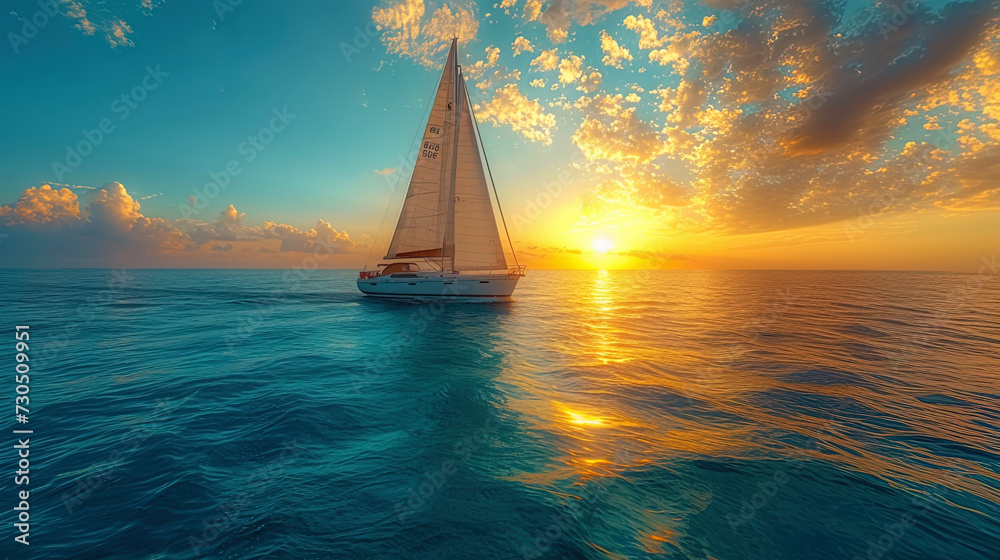 A sailboat floating on the open sea by win - obrazy, fototapety, plakaty 