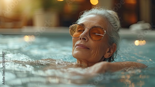 Tranquil Escape: Elderly Woman Relaxing in Spa Jacuzzi