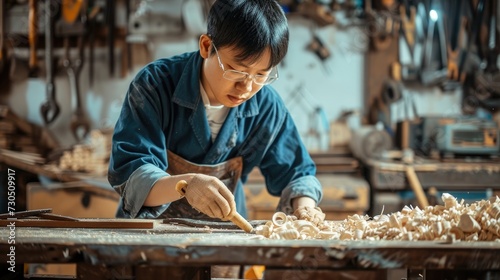 Wood craftsman creating construction materials or furniture in a workshop.