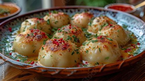 A picture of freshly pelmen, poured with appetizing sauce and sprinkled with herb