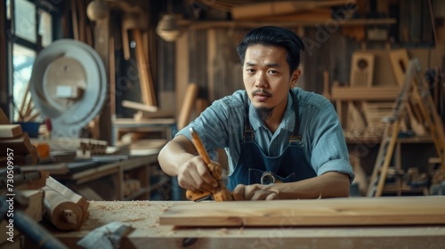 Wood craftsman creating construction materials or furniture in a workshop.