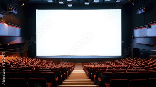 Empty white movie screen displayed in cinema theatre. photo
