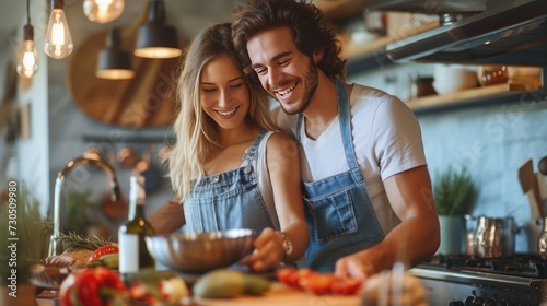 Young couple smiling cooking healthy lunch in kitchen.