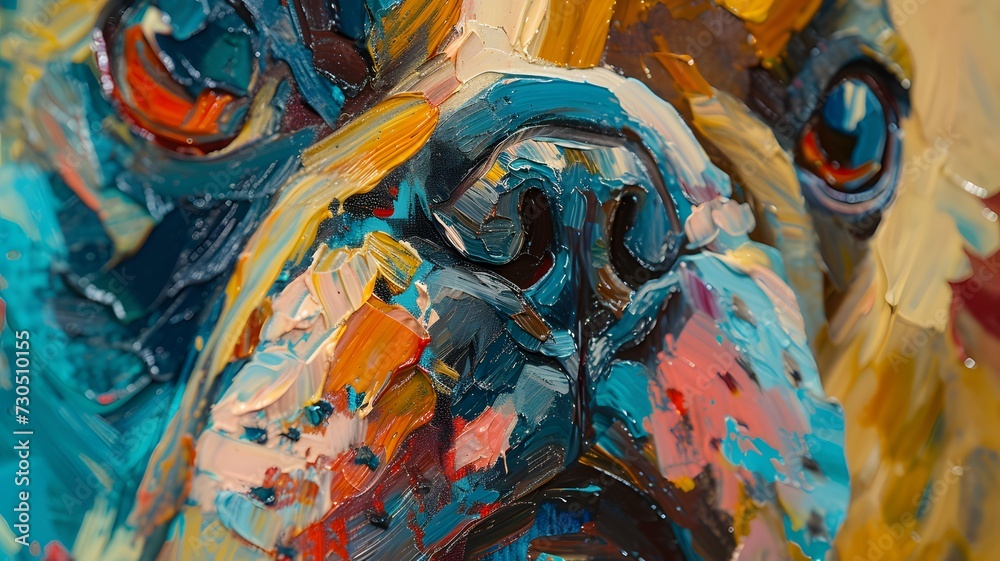Oil dog portrait painting in multicolored tones. Conceptual abstract painting of a french bulldog muzzle. Closeup of a painting by oil and palette knife on canvas --ar 16:9 --v 6