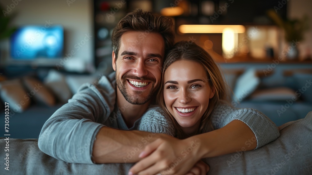 Young couple sitting on sofa watching TV hugging relaxed Young couple sitting on sofa watching TV hugging relaxed