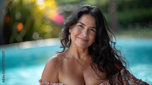 Poolside Beauty: Plus Size Latina Woman Enjoying the Pool