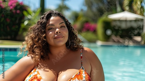 Poolside Beauty: Plus Size Latina Woman Enjoying the Pool   © hisilly