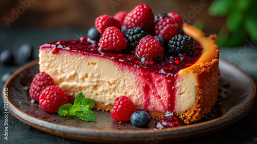 Image of chopped cheesecake with berry toppi photo