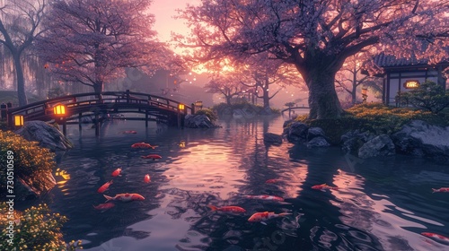 A serene Zen garden at sunrise, with a gently flowing stream, cherry blossoms in full bloom, and a quaint wooden bridge. Resplendent. © Summit Art Creations