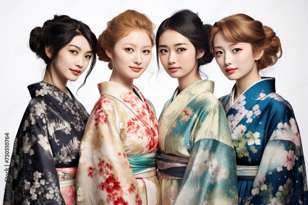 Image of beautiful young geisha woman in traditional Japanese kimono isolated over white background. Colorful Kimono. Generative AI. Image of beautiful young geisha woman in traditional Japanese kimono isolated over white background. Colorful Kimono. Generative AI.