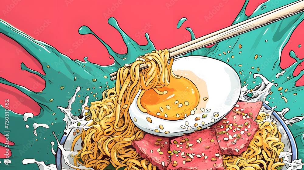 Ramen noodle egg and meat with chopstick cartoon on white background --ar 16:9 --v 6
