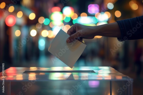 Hand dropping ballot into box against bright lights backdrop