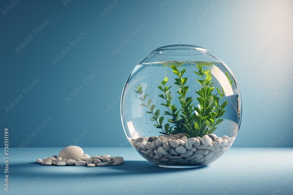 Decorative blue background features glass fish bowl with plant clear water and pebble