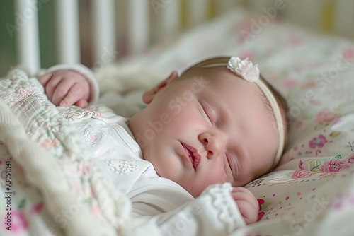 Infant girl napping in co sleeper crib next to parents bed