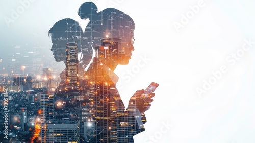 Business person silhouette overlaid on modern cityscape in a double exposure image. photo
