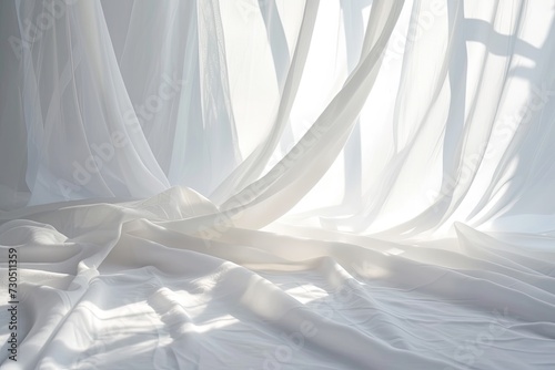 Sunlit white curtain on white backdrop