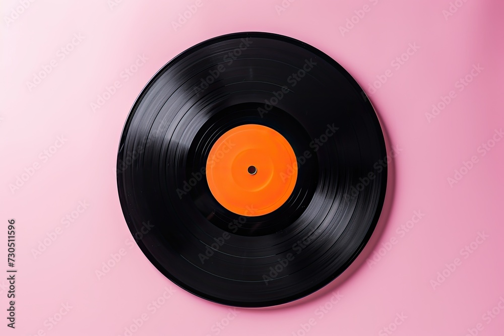 Retro pattern music concept with old black vinyl record on pastel pink background Retro pattern music concept with old black vinyl record on pastel pink background