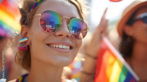 Beautiful young woman at a pride festival with coloful flag at background