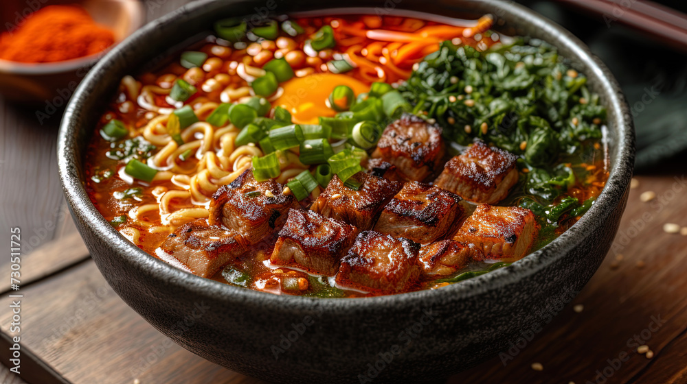 Ramen fragrant noodles in saturated broth with various to Ramen fragrant noodles in saturated broth with various to