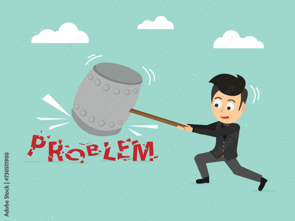 Businessman holding a big hammer fighting problem when finding a way to success. Business concept. Flat cartoon style. Vector illustration. Businessman holding a big hammer fighting problem when finding a way to success. Business concept. Flat cartoon style. Vector illustration.