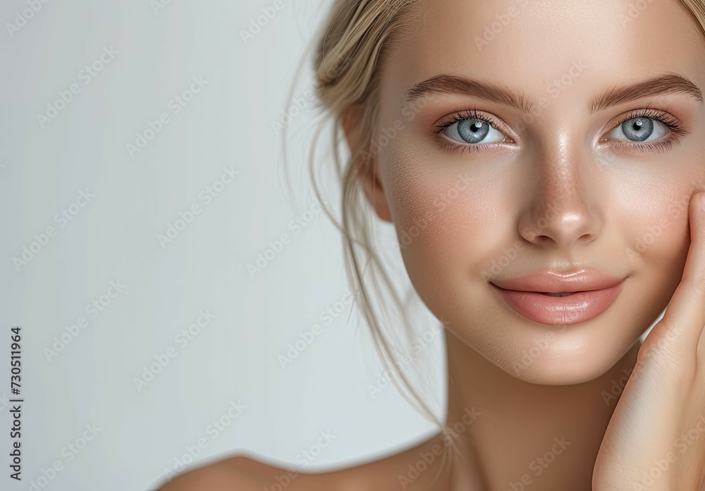 Blond woman model with beautiful hydrated skin touching face after shower - obrazy, fototapety, plakaty 