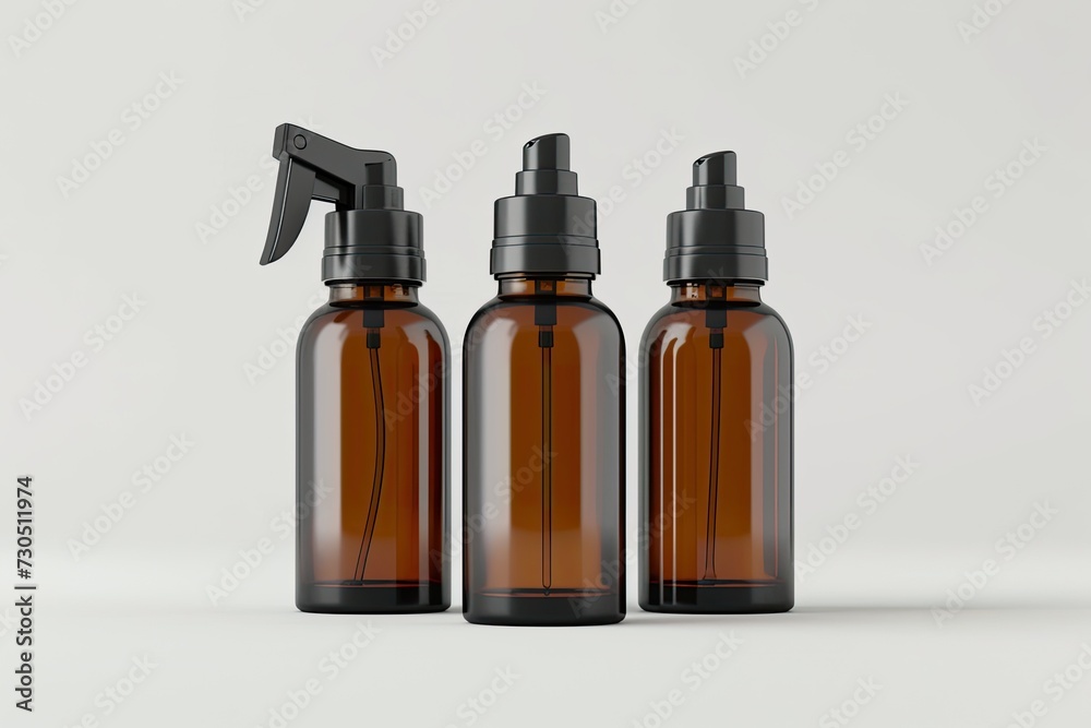 Transparent cosmetic bottles with dispenser filled with oil or serum set on white background
