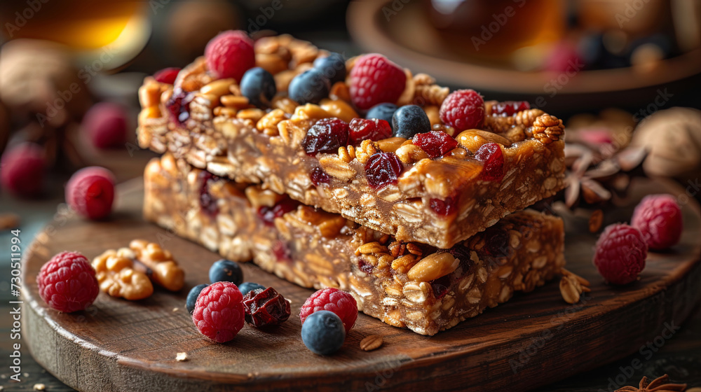 Useful bars made of dried fruits, nuts and honey are laid out on a wooden substra Useful bars made of dried fruits, nuts and honey are laid out on a wooden substra